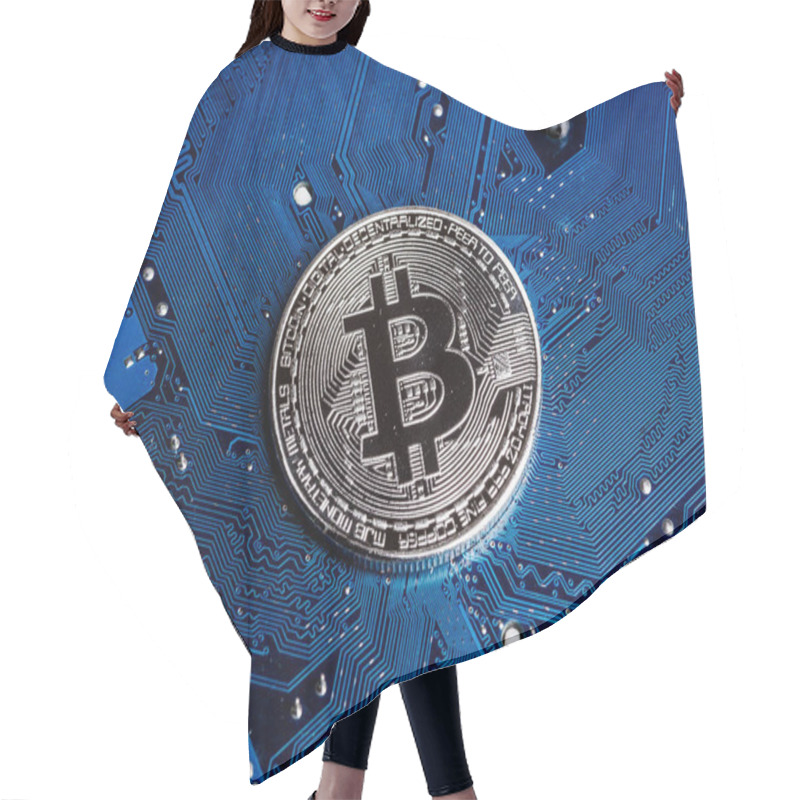 Personality  Silver Bitcoins On Circuit Board.  The Concept Of The Mining Of  Hair Cutting Cape