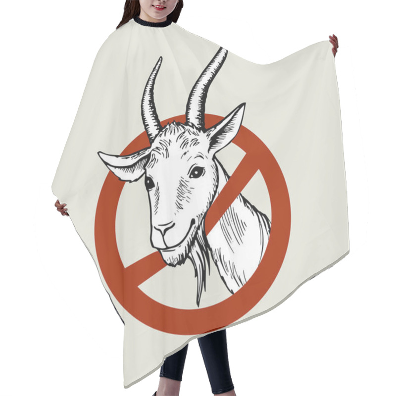 Personality  Hand Drawn Head Of A White Goat, Peeking Out Of The Prohibitory Road Sign. Colored Hand-painted Vector Drawing Hair Cutting Cape