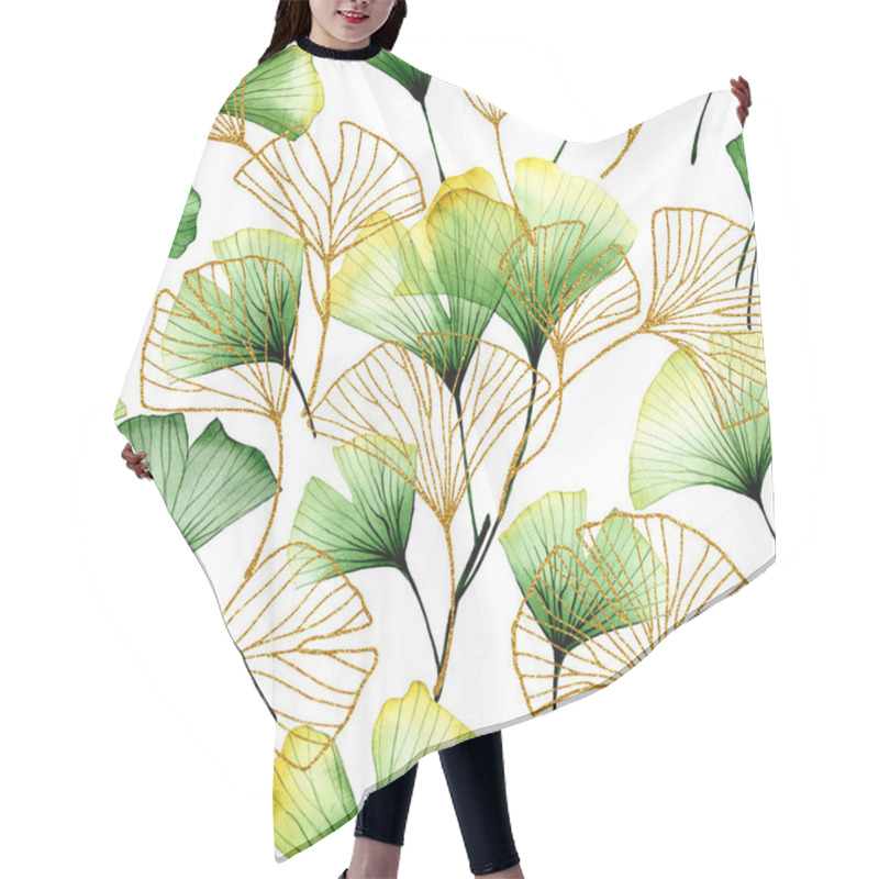 Personality  Watercolor Seamless Pattern With Tropical Ginkgo Leaves. Green And Golden Leaves On A White Background. Vintage Print, Transparent Leaves And Flowers X-ray Hair Cutting Cape