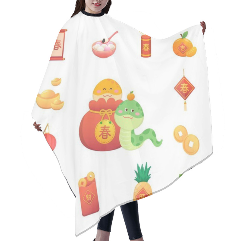 Personality  Set Of Vector Illustrations For Chinese New Year Or Lantern Festival, Snakes And Glutinous Rice Balls With Spring Couplets, Translation: Wealth Hair Cutting Cape