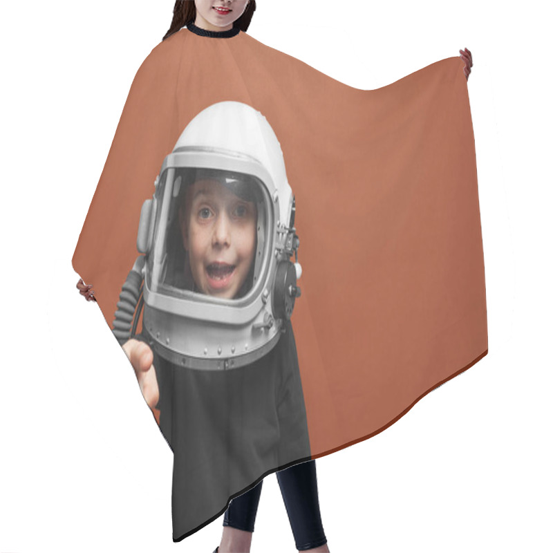 Personality  Small Child Wants To Fly An In Space Wearing An Astronaut Helmet, On Lush Lavabackground Hair Cutting Cape