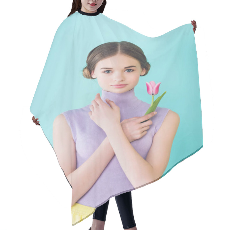 Personality  Beautiful Tender Teenager Posing With Tulip Flower, Isolated On Turquoise Hair Cutting Cape