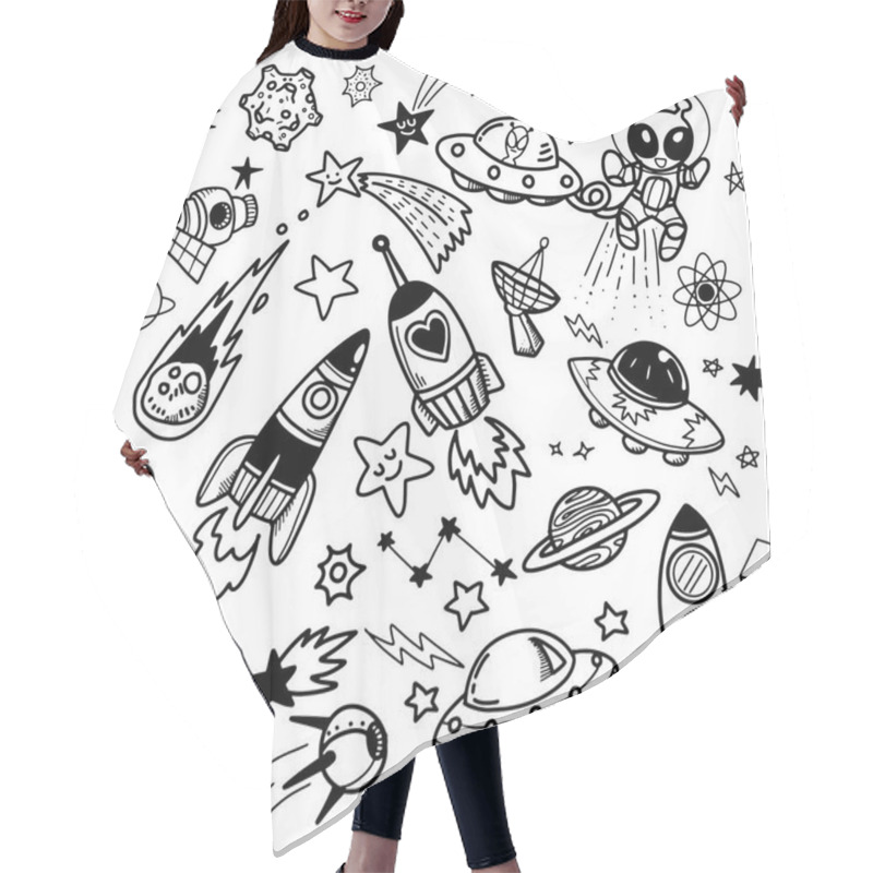 Personality  Set With Spaceships, Planets, And Stars. Space-Doodle Style. Vector Isolated Illustration With Spaceships, Rockets, Mars, Earth, Stars On A White Background. , Illustration For Coloring Book ,Each On A Separate Layer. Hair Cutting Cape