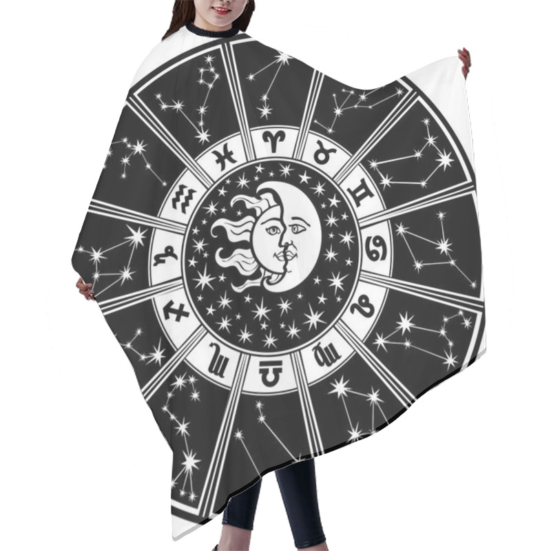 Personality  Zodiac Sign And Constellations.Horoscope Circle.Black And White Hair Cutting Cape