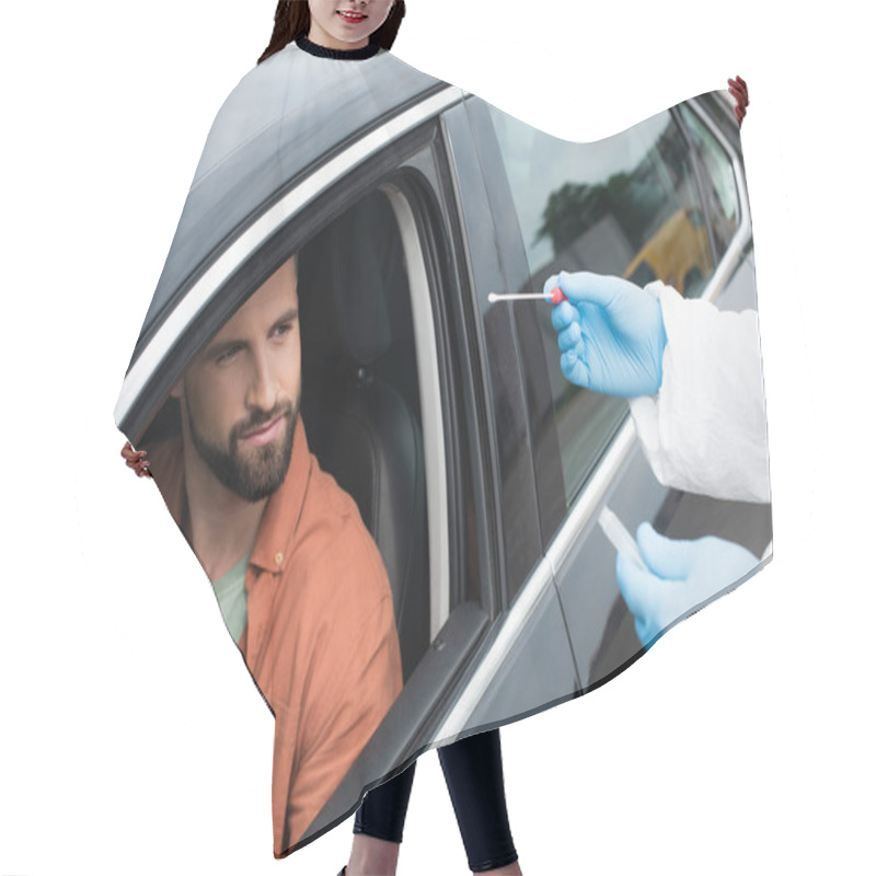 Personality  Medical Worker Holding Cotton Swab Of Pcr Test Near Driver In Car  Hair Cutting Cape