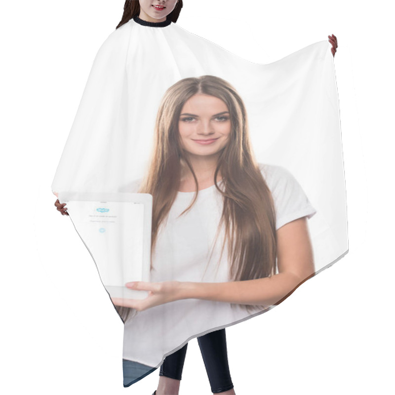 Personality  Girl Holding Tablet With Skype Page  Hair Cutting Cape