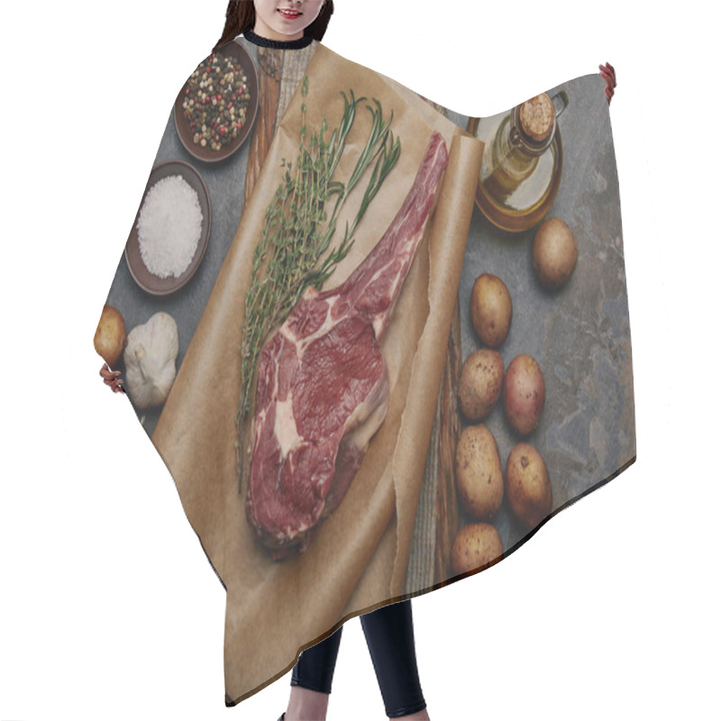 Personality  Raw Rib Eye Steak On Baking Paper With Spices, Herbs And Potatoes On Grey Background Hair Cutting Cape