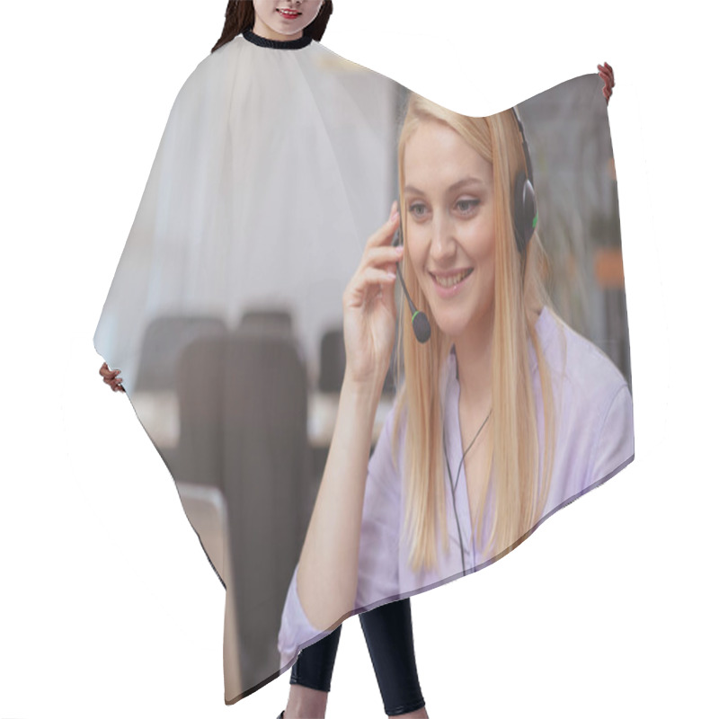 Personality  Friendly Customer Support Operator With Headset Working At Call  Hair Cutting Cape