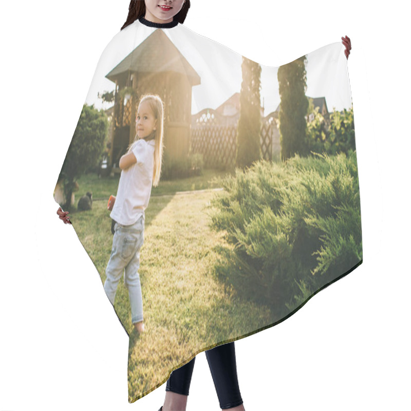 Personality  Side View Of Adorable Little Child With Skateboard In Hands On Yard Hair Cutting Cape