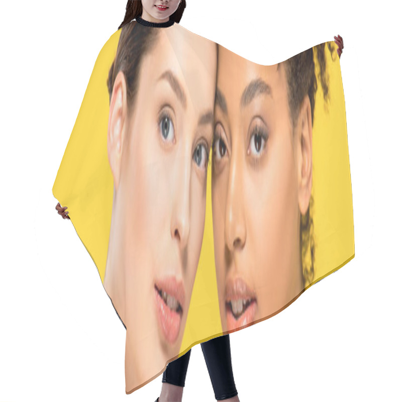 Personality  Panoramic Shot Of Multiethnic Women With Perfect Skin, Isolated On Yellow Hair Cutting Cape