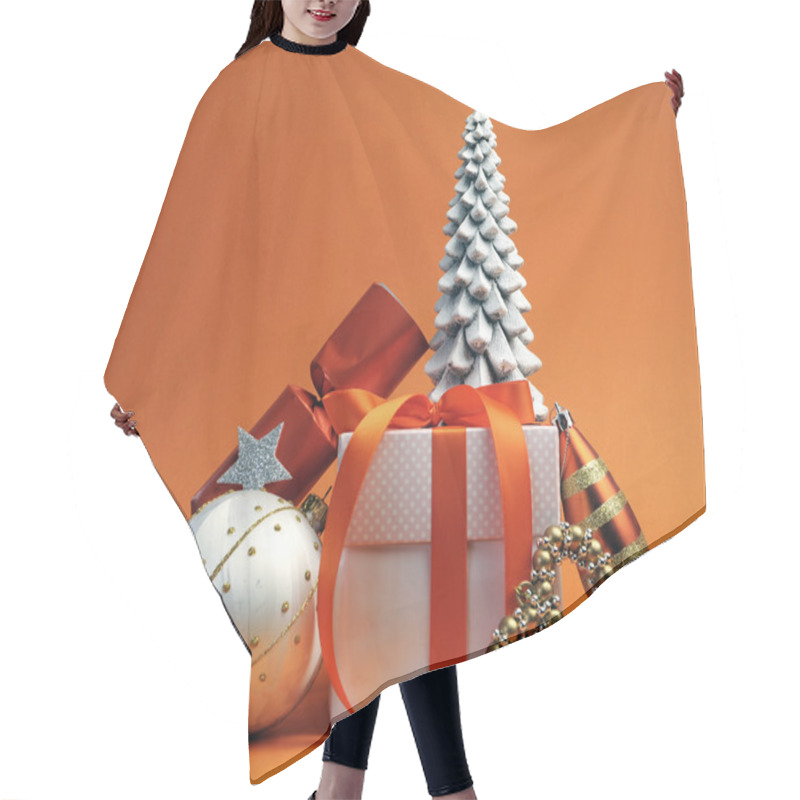 Personality  Orange Theme Christmas Tree, Gift And Baubles Festive Holiday Still Life. Hair Cutting Cape