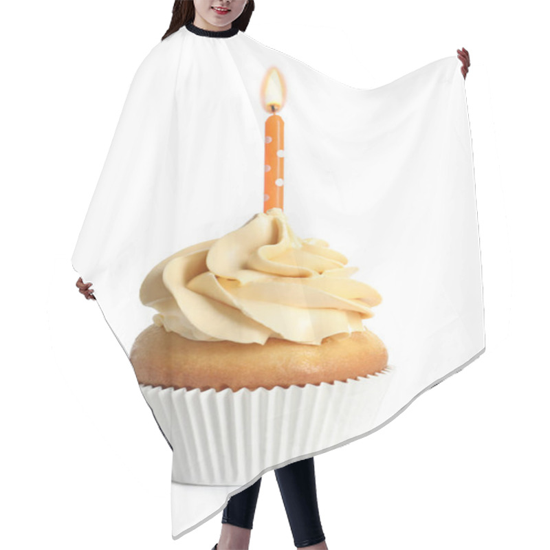 Personality  Delicious Birthday Cupcake With Candle On White Background Hair Cutting Cape