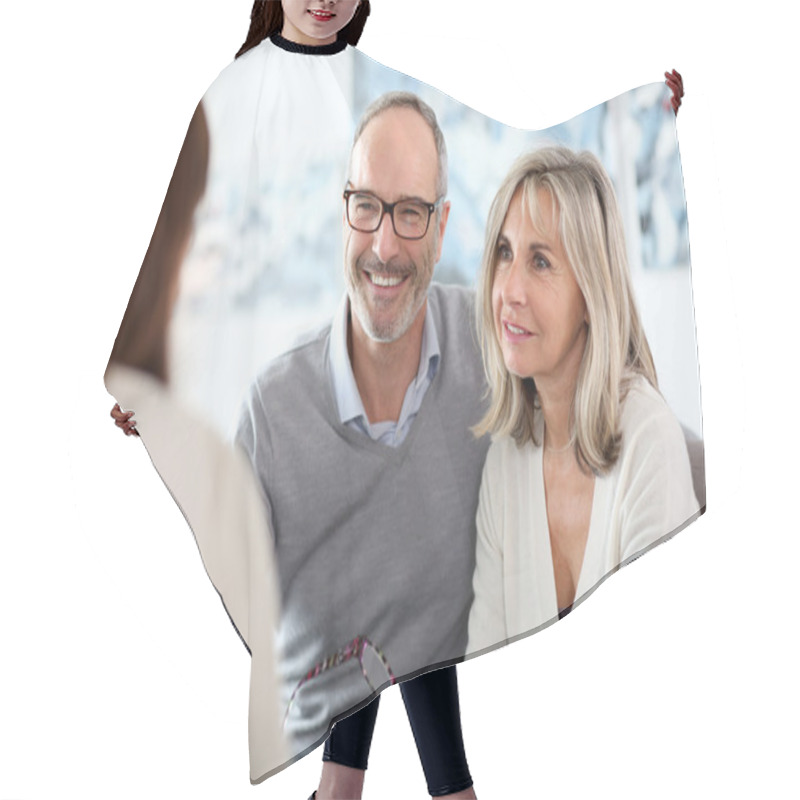 Personality  Senior Couple And Financial Adviser Hair Cutting Cape