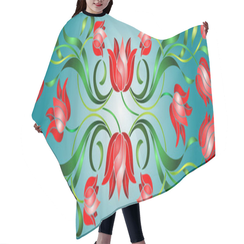 Personality  Illustration In Stained Glass Style With Flowers, Leaves And Buds Of Red Tulips On A Cyan  Background, Symmetrical Image, Horizontal Orientation Hair Cutting Cape