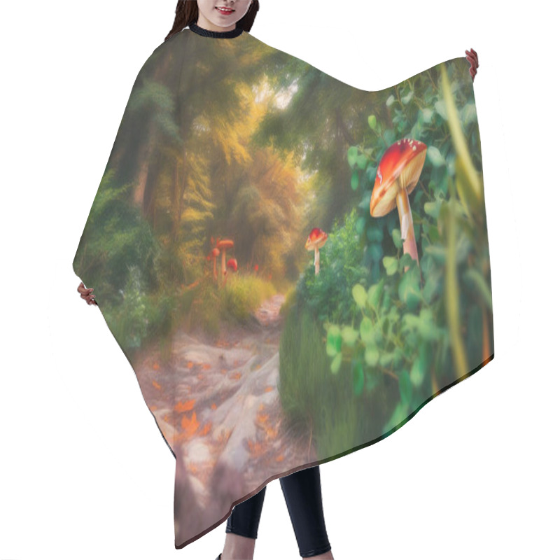 Personality  Illustrate A Serene Forest Path Lined With Vibrant Orange And Red Mushrooms, Leading To A Hidden Glade. Hair Cutting Cape