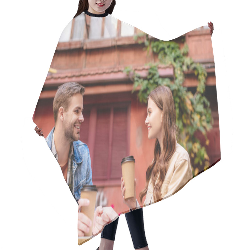 Personality  Selective Focus Of Couple With Paper Cups Of Coffee Looking At Each Other And Smiling In Cafe In Lviv Hair Cutting Cape