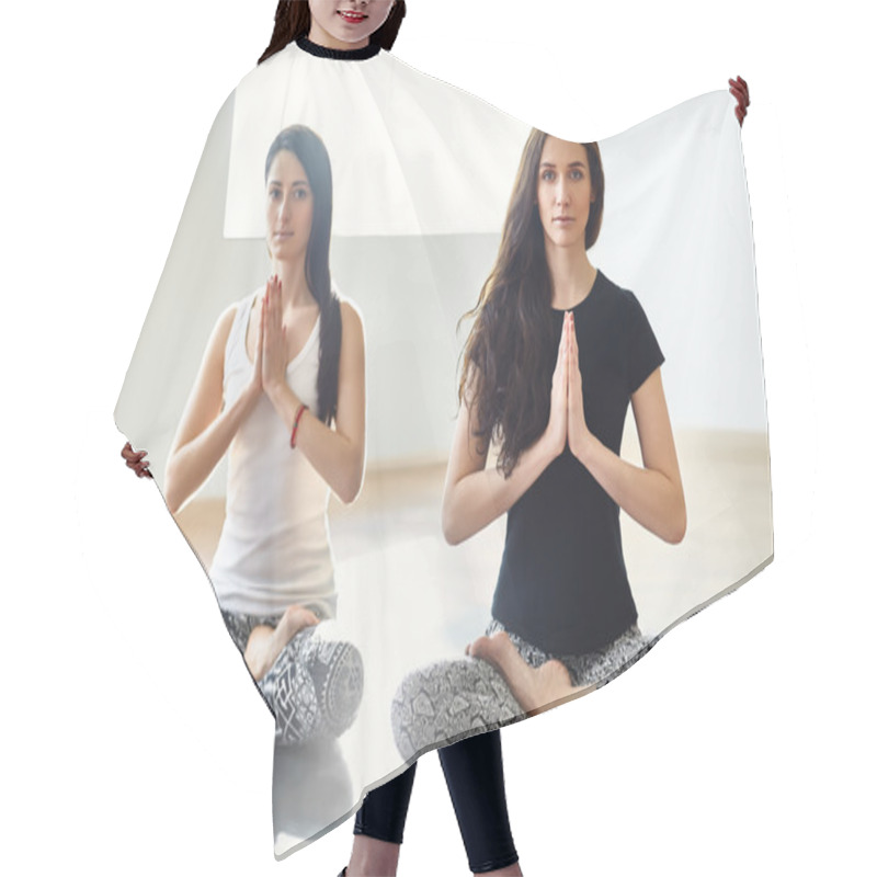 Personality  Two Young Women Meditating In Lotus Pose With Hands In Namaste Hair Cutting Cape