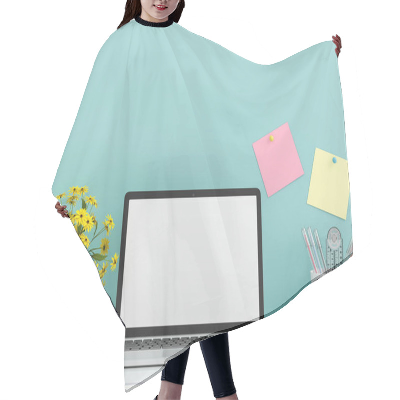 Personality  Laptop Display For Mockup On Table, 3D Rendering Hair Cutting Cape