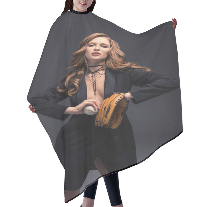 Personality  Seductive Woman In Black Jacket And Curly Hair Posing With Baseball Mitt And Ball Hair Cutting Cape