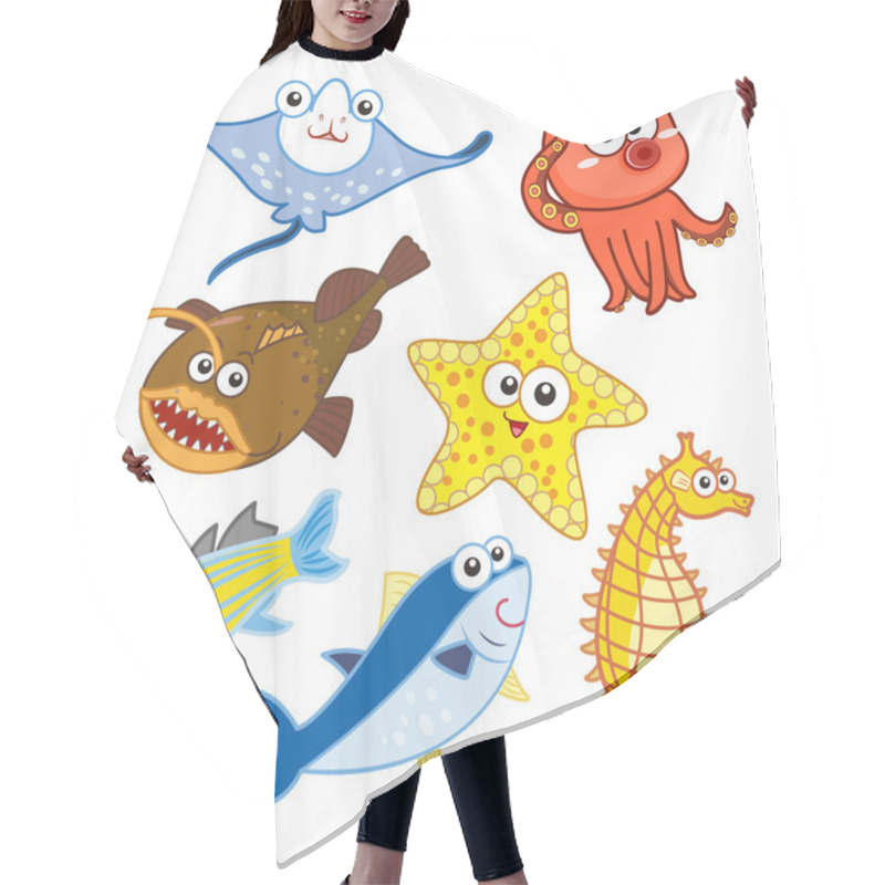 Personality  Cartoon Sea Animals Set With White Background Hair Cutting Cape