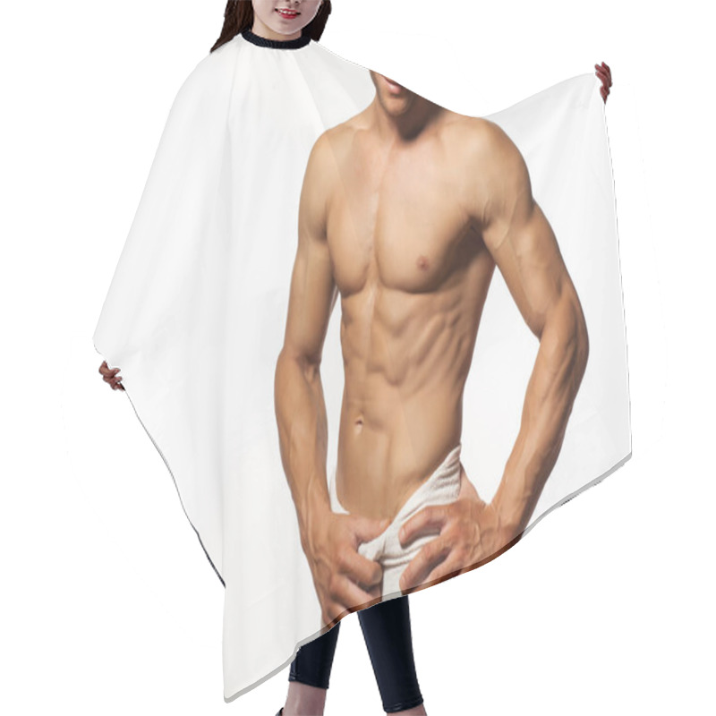 Personality  Half-naked Handsome And Muscular Young Man With Towel Around His Waist Posing On A White Background Hair Cutting Cape