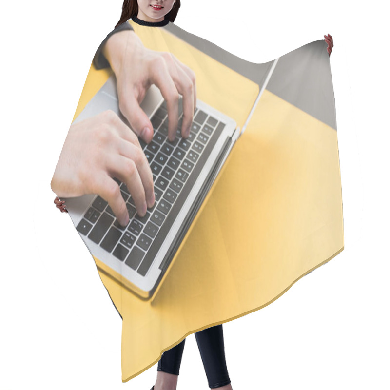 Personality  Cropped View Of Hacker Using Laptop On Yellow Desk  Hair Cutting Cape