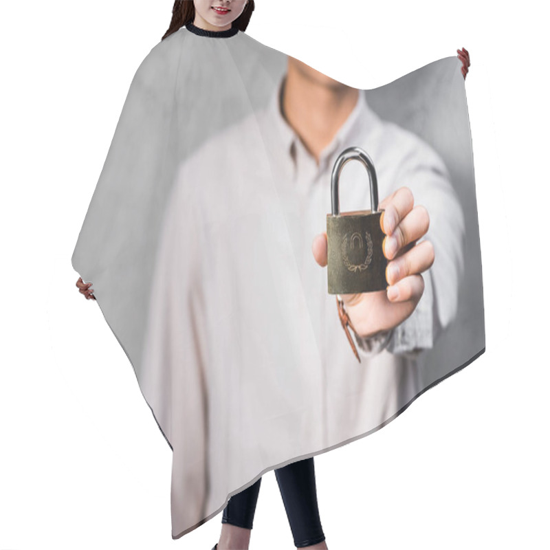 Personality  Cropped View Of Seo Manager Holding Metal Padlock In Office  Hair Cutting Cape