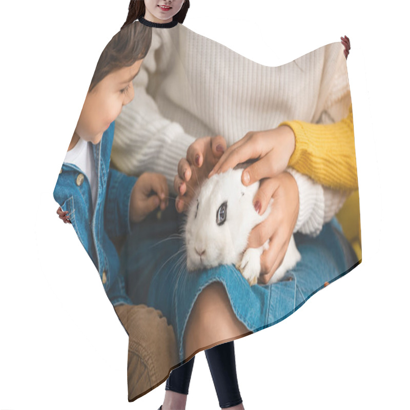 Personality  Partial View Of Mother And Children Touching White Funny Rabbit Hair Cutting Cape