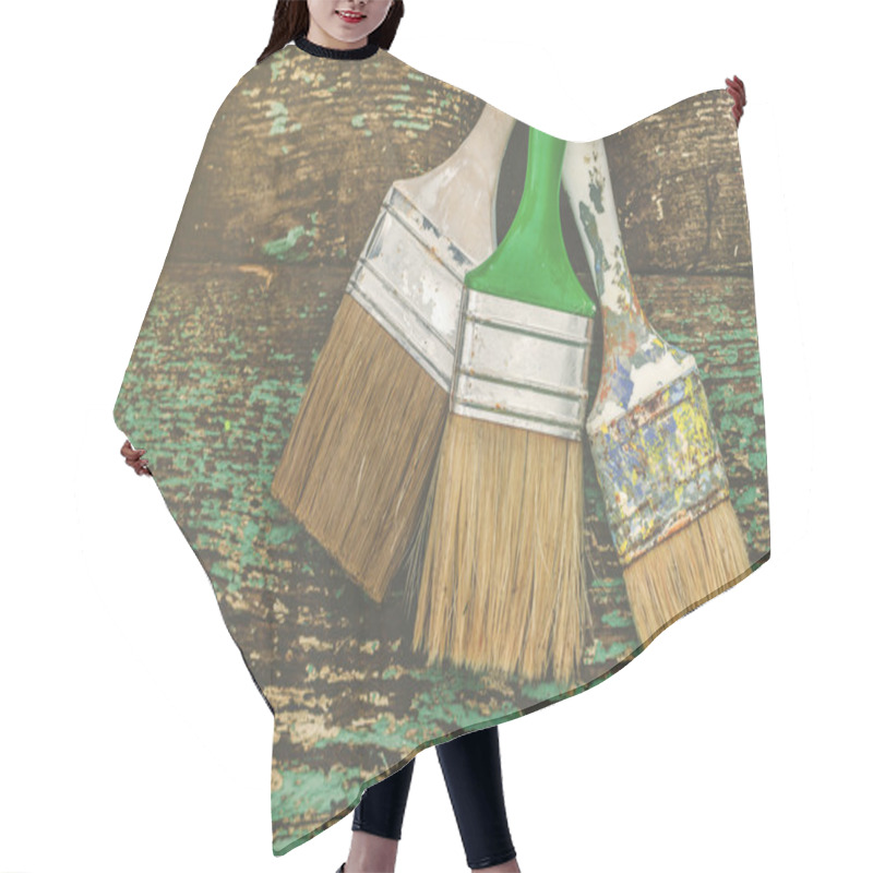 Personality  Three Used Paintbrushes On Rustic Wooden Board Hair Cutting Cape