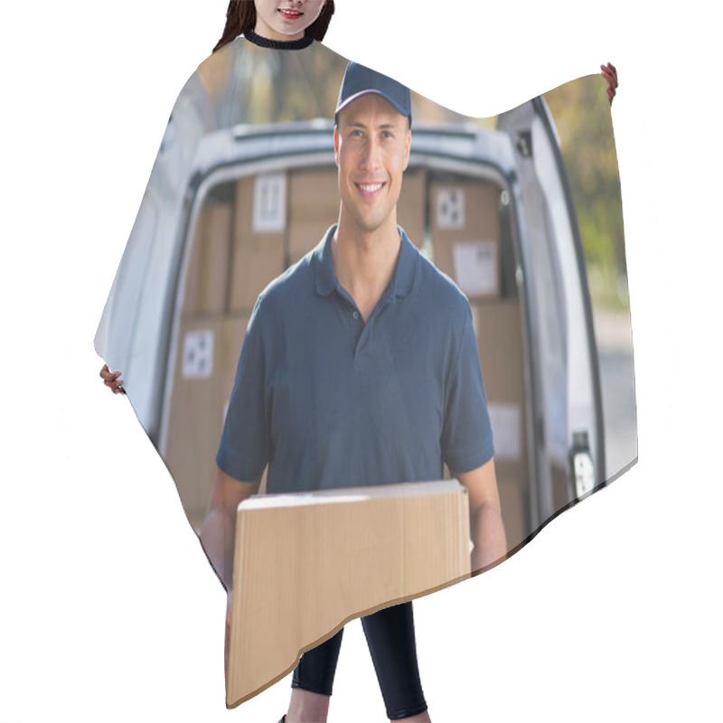 Personality  Delivery Man Standing In Front Of His Van Hair Cutting Cape