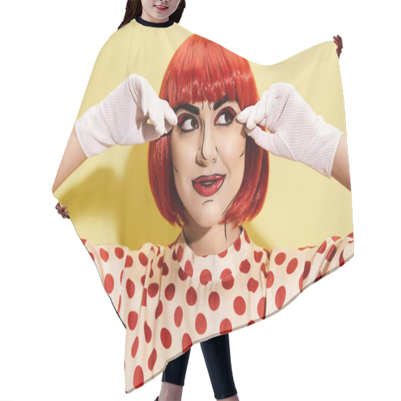 Personality  A Woman With Red Hair And White Gloves Covering Her Eyes, Clad In Pop Art Makeup And Polka Dot Blouse On A Yellow Background. Hair Cutting Cape