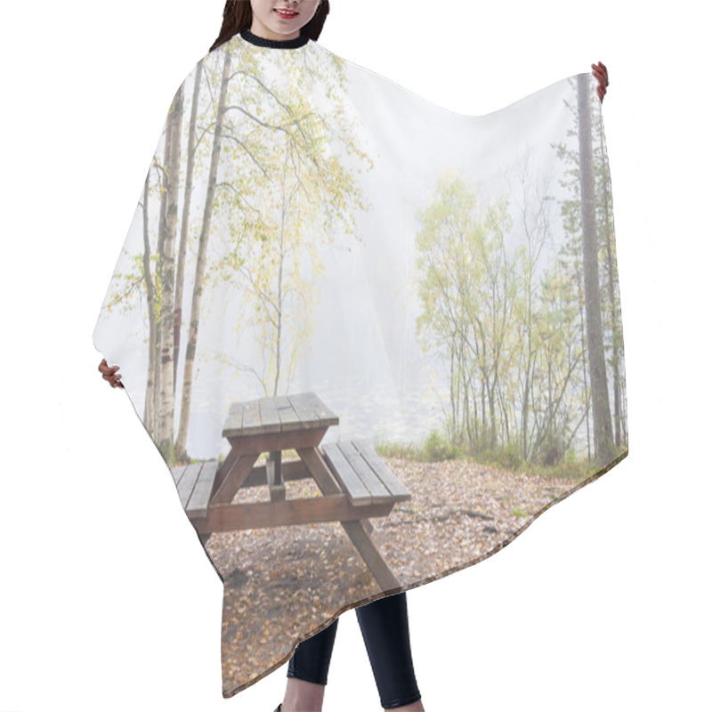 Personality  Camping Bench And Table In Misty Forest Hair Cutting Cape