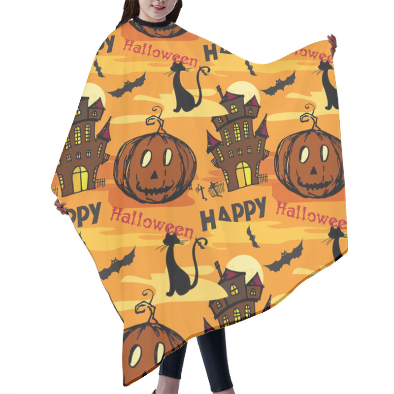 Personality  Seamless Halloween Background With Old Ruined Castle, Pumpkin Ca Hair Cutting Cape