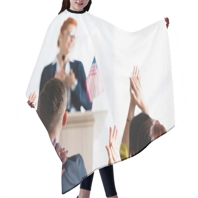 Personality  Grateful Speaker In Front Of Applauding Voters In Conference Room On Blurred Background Hair Cutting Cape