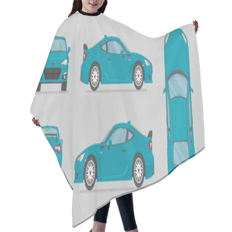 Personality  Vector Blue Sport Car. Side View, Front View, Back View, Top View. Cartoon Flat Illustration, Car For Graphic And Web Hair Cutting Cape