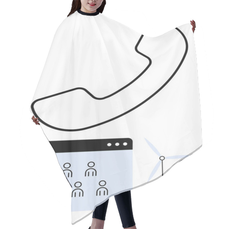 Personality  Phone Icon, Virtual Meeting Interface With Six User Icons, And Wind Turbine Graphic. Ideal For Technology, Collaboration, Communication, Remote Work, Sustainability, Innovation Abstract Line Flat Hair Cutting Cape