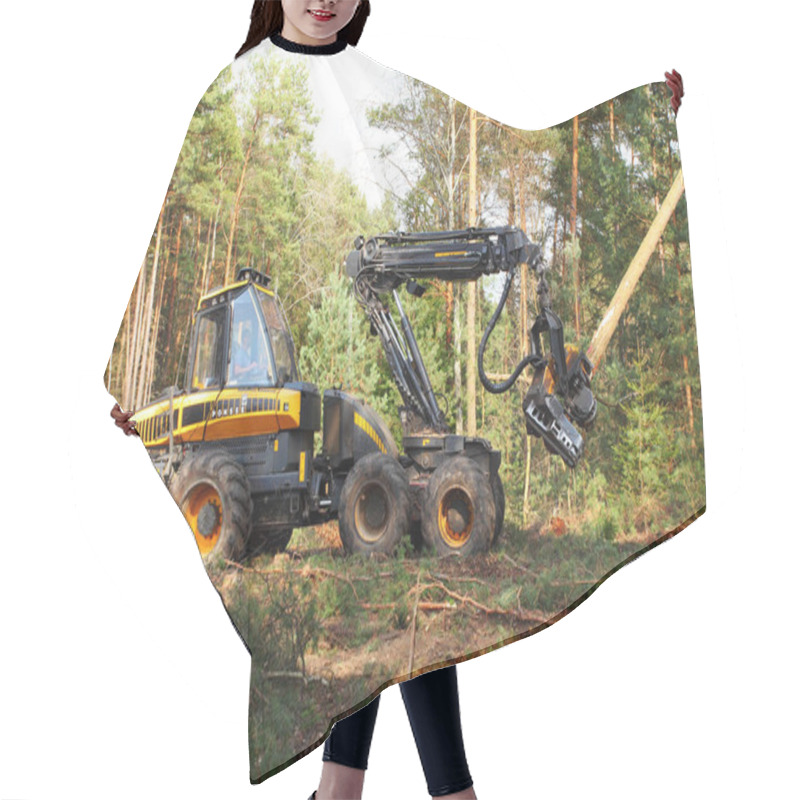 Personality  Lumberjack With Modern Harvester Working In A Forest Hair Cutting Cape