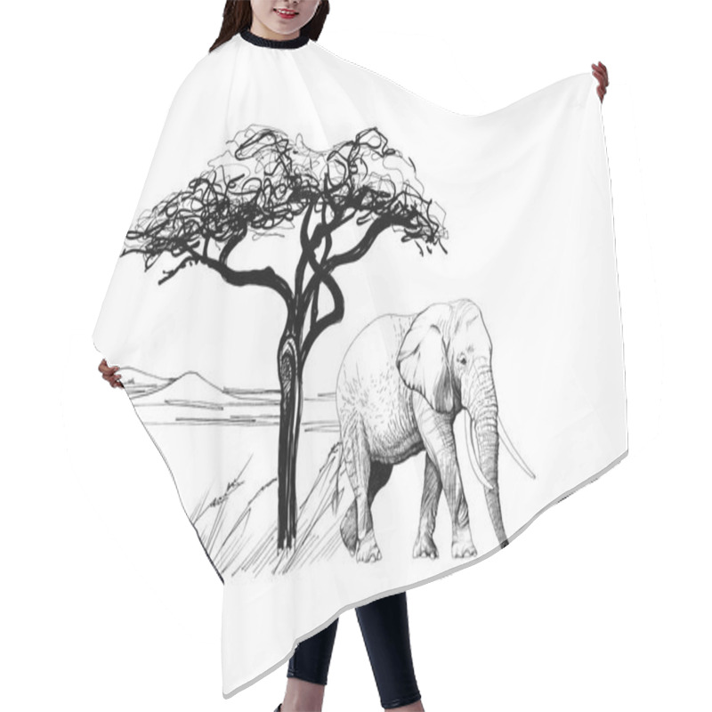 Personality  Elephant Near A Tree In Africa. Hand Drawn Illustration. Collection Of Hand Drawn Illustrations (originals, No Tracing) Hair Cutting Cape