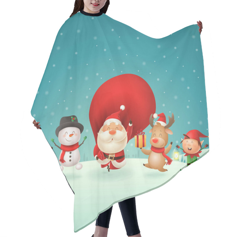 Personality  Christmas Friends Elves Santa Snowman And Reindeer Celebrate Holidays - Jumping Singing Dancing On Winter Night Scene - Vector Illustration Hair Cutting Cape