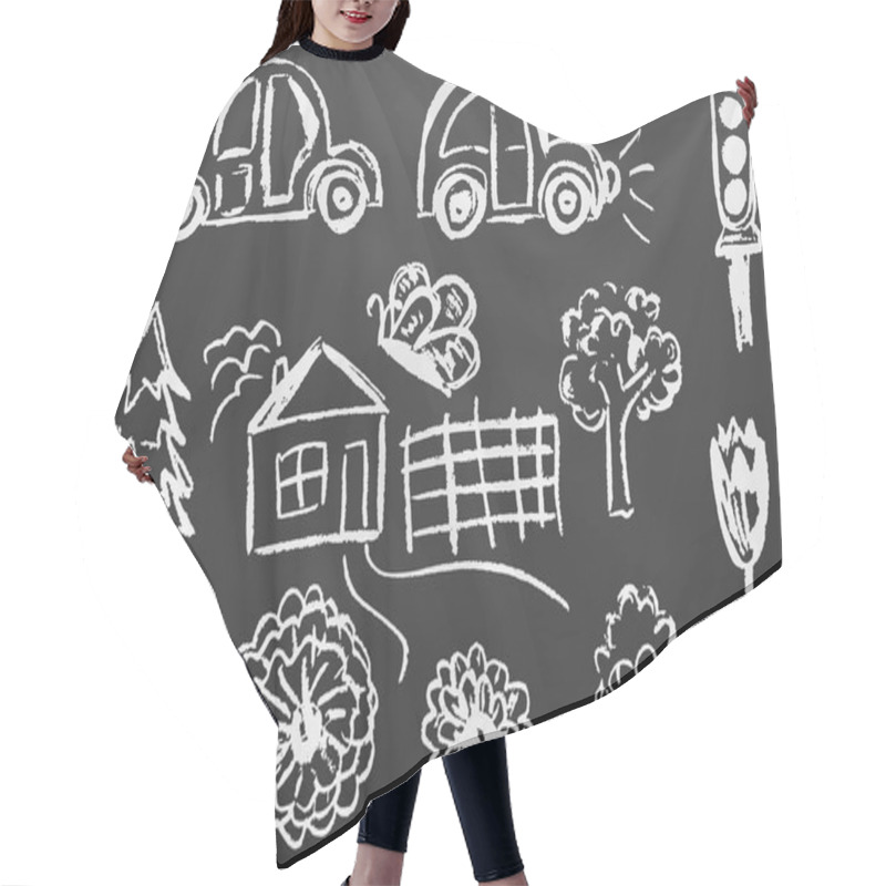 Personality  Child Drawing With White Chalk On A Black Board. Design Elements Of Packaging, Postcards, Wraps, Covers. Sweet Children's Creativity. Cars, Traffic Light, Tree, Tree, Butterfly, House, Fence, Flowers, Tulip Hair Cutting Cape