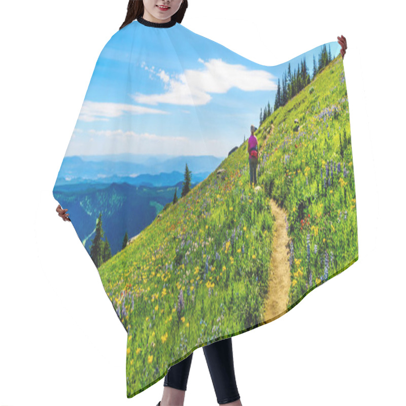 Personality  Senior Woman Hiking Among The Wildflowers In The High Alpine Near Sun Peaks Village Hair Cutting Cape