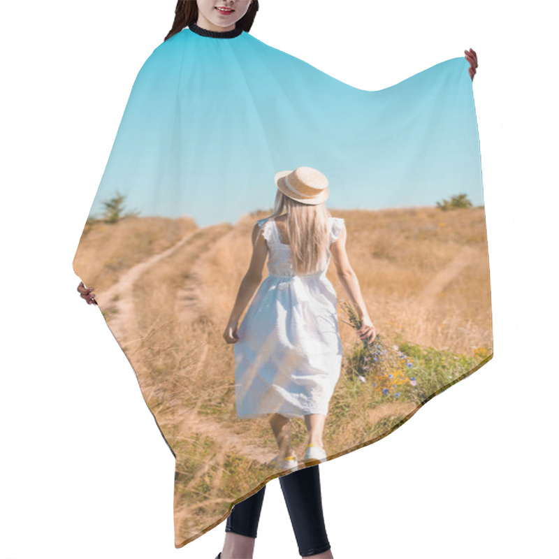 Personality  Back View Of Young Woman In White Dress And Straw Hat Walking In Field With Bouquet Of Wildflowers Hair Cutting Cape