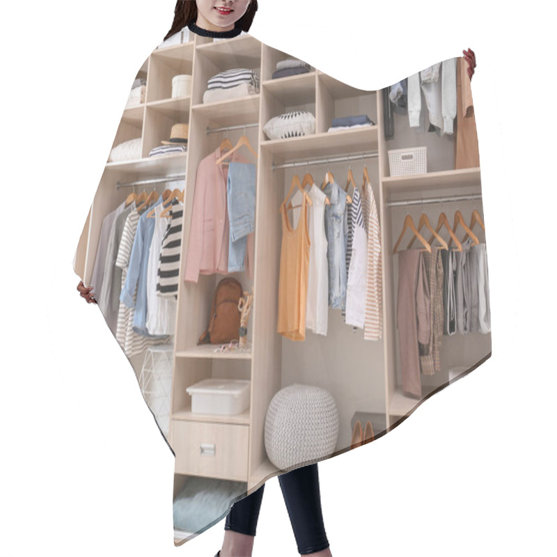 Personality  Stylish Clothes, Shoes And Home Stuff In Large Wardrobe Closet Hair Cutting Cape