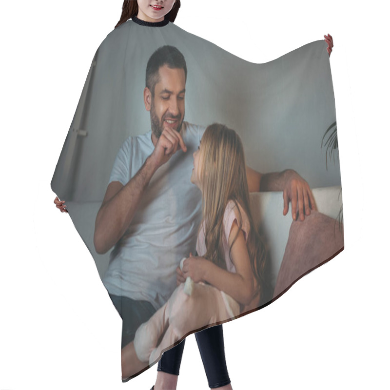 Personality  Father Playing With Little Daughter While Resting On Sofa In Evening  Hair Cutting Cape