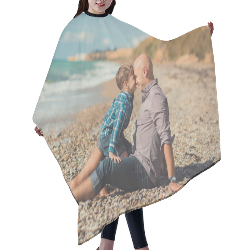 Personality  Touching Appealing Scene Of Father And Son Enjoy Summer Vacation Together Playing On Stone Beach Wearing Stylish Shirt And Fashion Blue Jeans Both Barefoot With Adore Landscape On Background Hair Cutting Cape