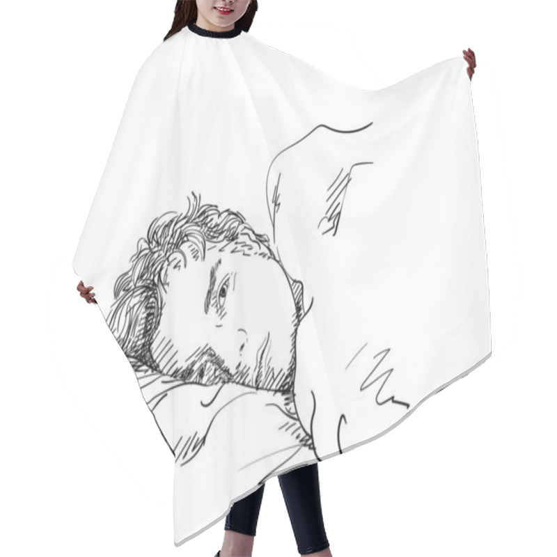 Personality  Sketch Of Handsome Man Laying In Bed With Sleepy Open Eyes, Hand Drawn Vector Illustration With Cross Hatching Hair Cutting Cape