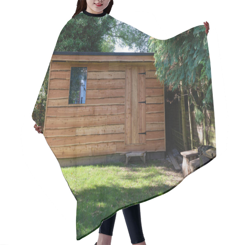 Personality  Waney Edge Rustic Wooden Garden Shed With Door And Window In Sunny Back Garden Surrounded By Mature Green Trees. Hair Cutting Cape