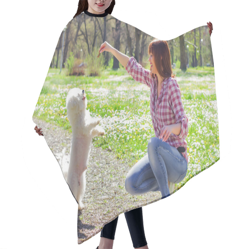 Personality  Happy Woman Enjoying Nature With Her Dog Hair Cutting Cape