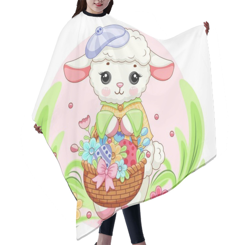 Personality  Easter Sheep Lamb In Purple Cap With Basket Of Flowers Against A Backdrop Of Green Grass. Clipart For Greeting Card, Poster, Postcard, Birthday, Easter. Vector Illustration.  Hair Cutting Cape