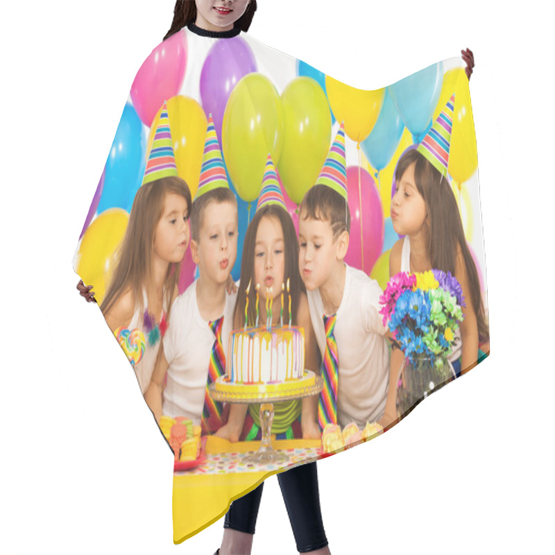 Personality  Kids Celebrating Birthday Party And Blowing Candles On Cake Hair Cutting Cape